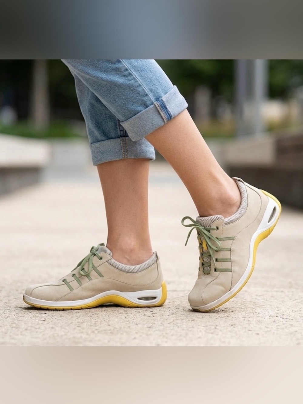Cole Haan Air Khaki Tan Nubuck Sneakers with Olive Laces and Yellow Trim, Sz 9